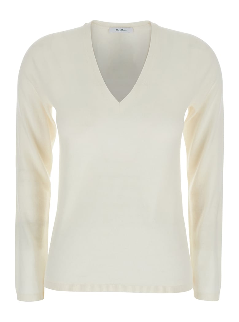 white cashmere v-neck sweater by Selfnex
