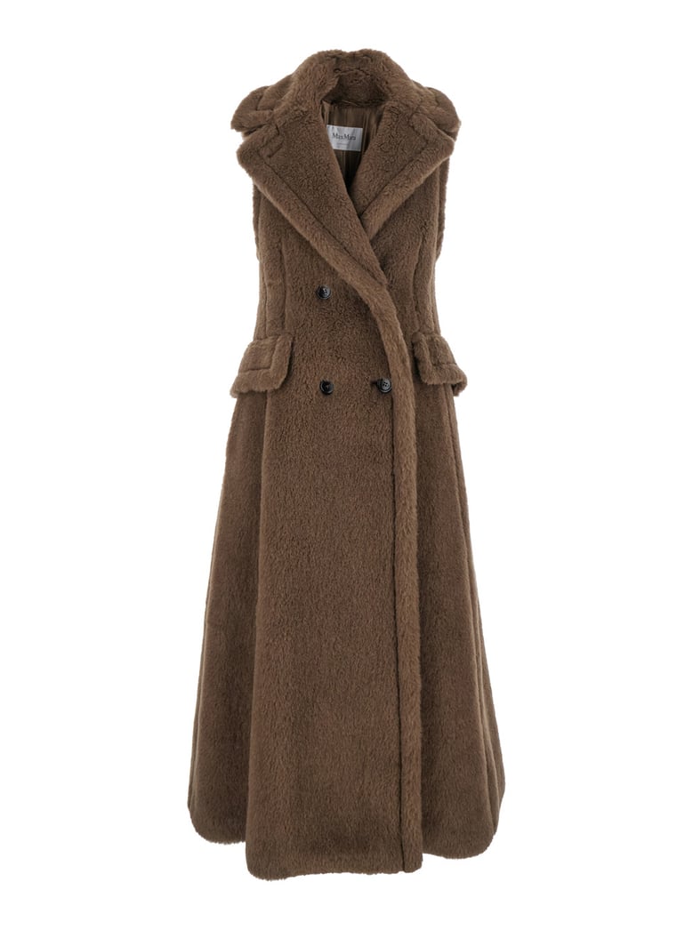 brown sleeveless coat with wide lapels by Selfnex