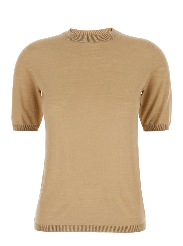 beige crewneck sweater with short sleeves by Selfnex