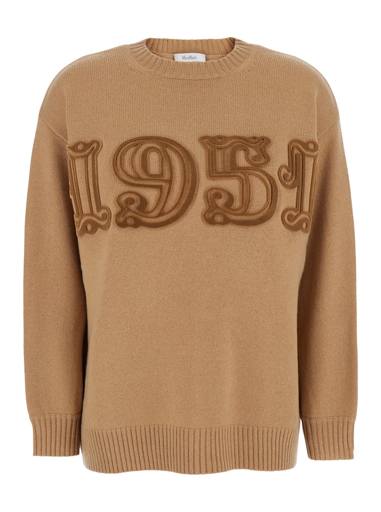beige crew neck sweater with embroidery by Selfnex