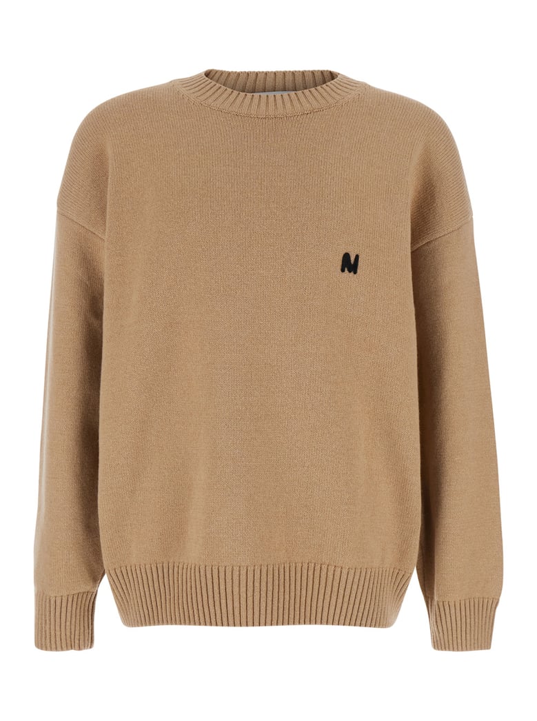 beige crew neck sweater with front logo by Selfnex