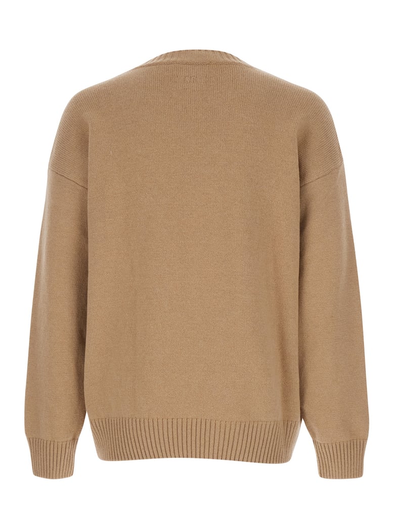 beige crew neck sweater with front logo by Selfnex