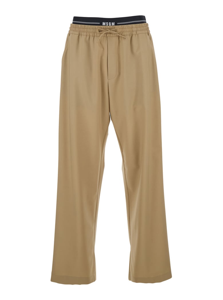 beige pants with elastic drawstring waist by Selfnex