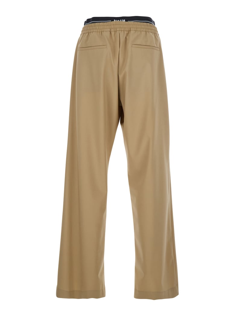 beige pants with elastic drawstring waist by Selfnex