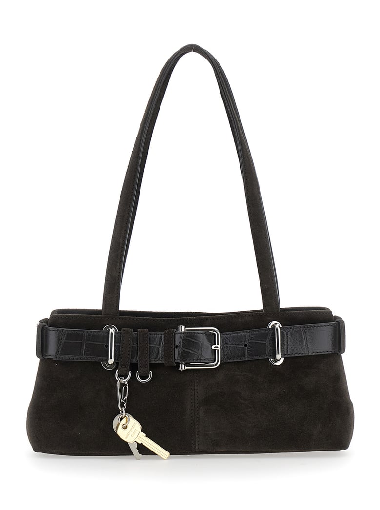 brown shoulder bag with belt and pendant by Selfnex