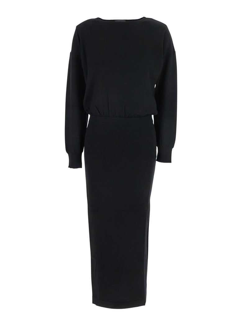 black round neck dress with draped waist by Selfnex