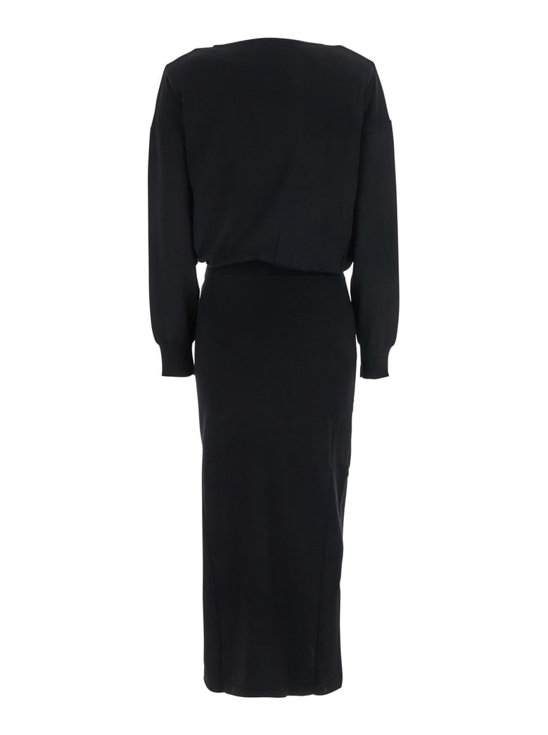 black round neck dress with draped waist by Selfnex