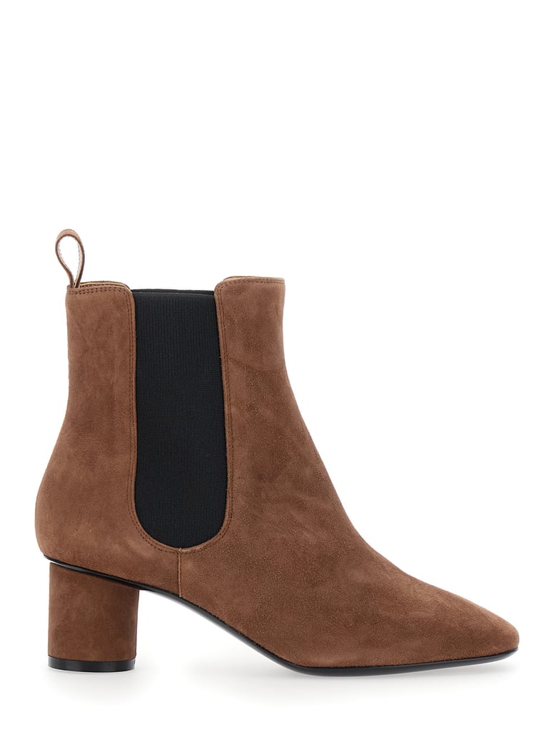 brown suede ankle boots with elastic side panel by Selfnex
