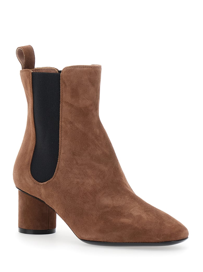 brown suede ankle boots with elastic side panel by Selfnex
