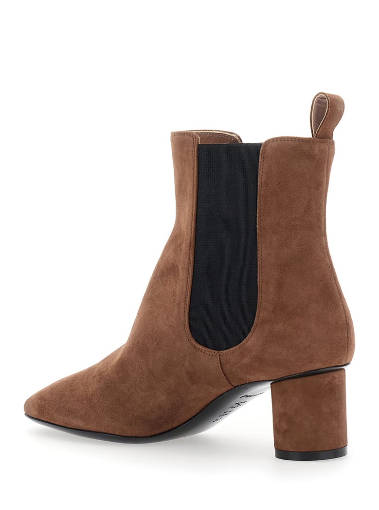brown suede ankle boots with elastic side panel by Selfnex
