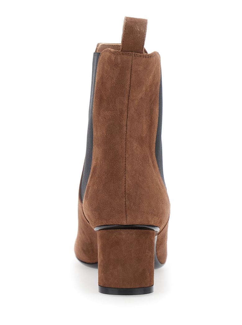 brown suede ankle boots with elastic side panel by Selfnex