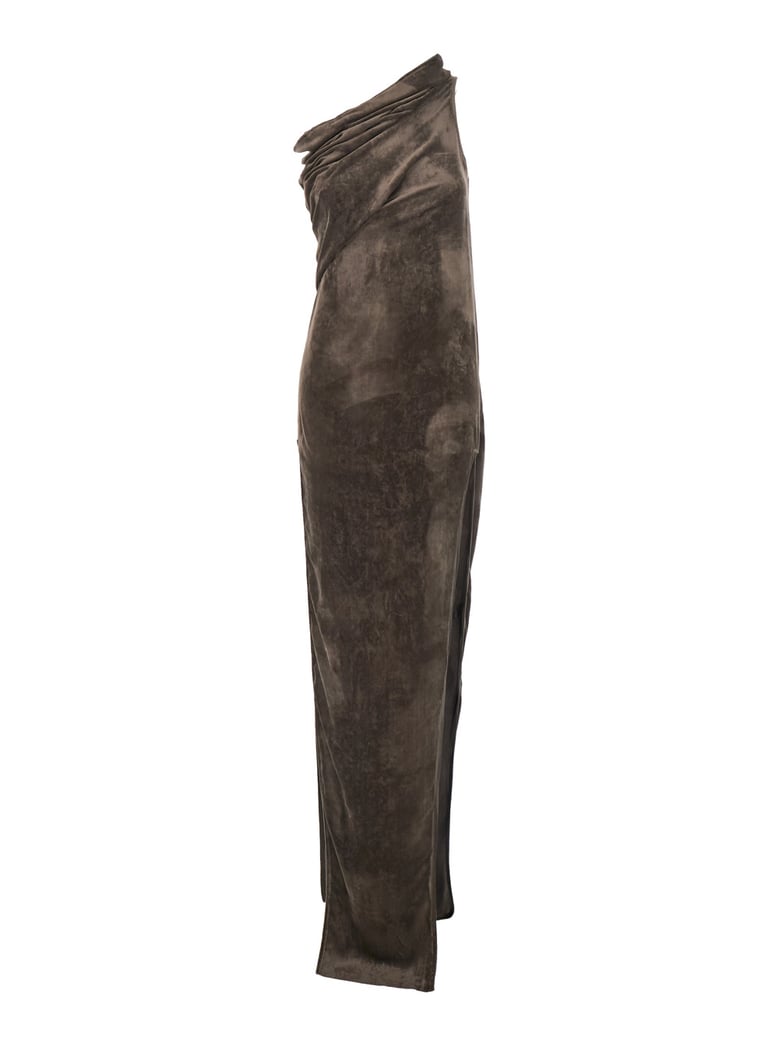 brown asymmetric long dress with slit by Selfnex