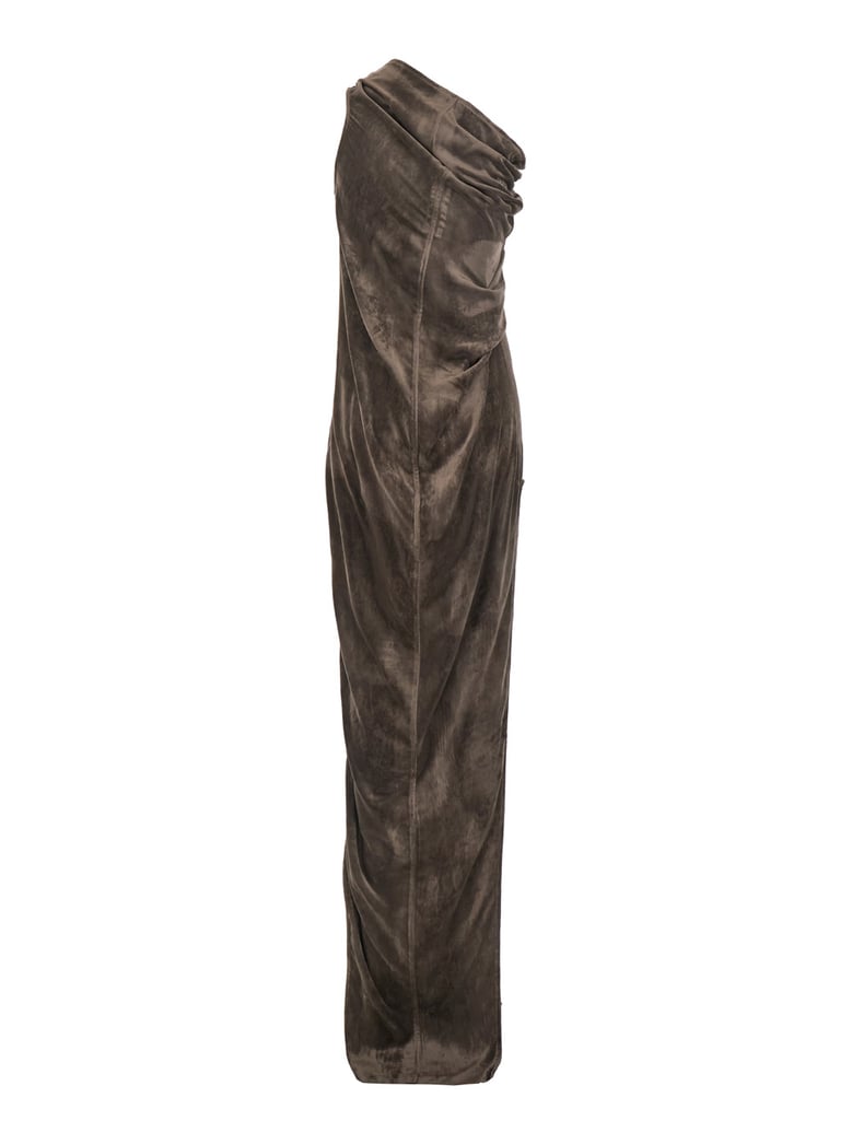 brown asymmetric long dress with slit by Selfnex