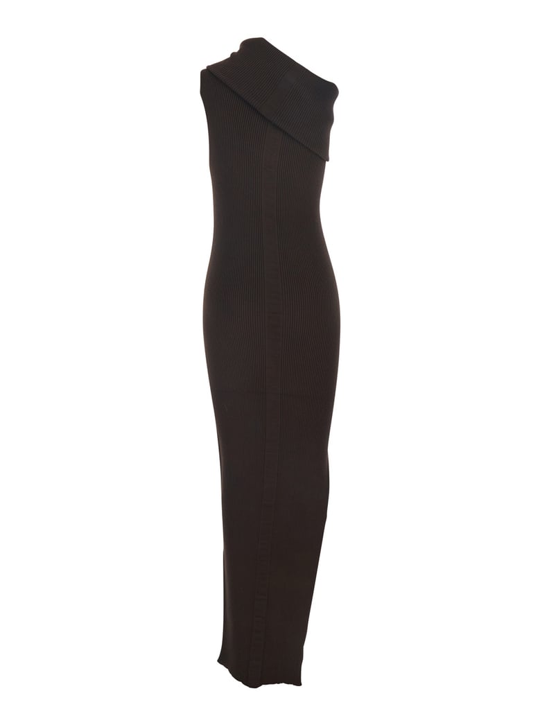 brown ribbed knit sleeveless asymmetric long dress by Selfnex
