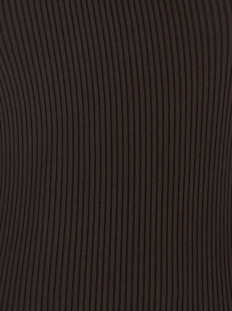 brown ribbed knit sleeveless asymmetric long dress by Selfnex