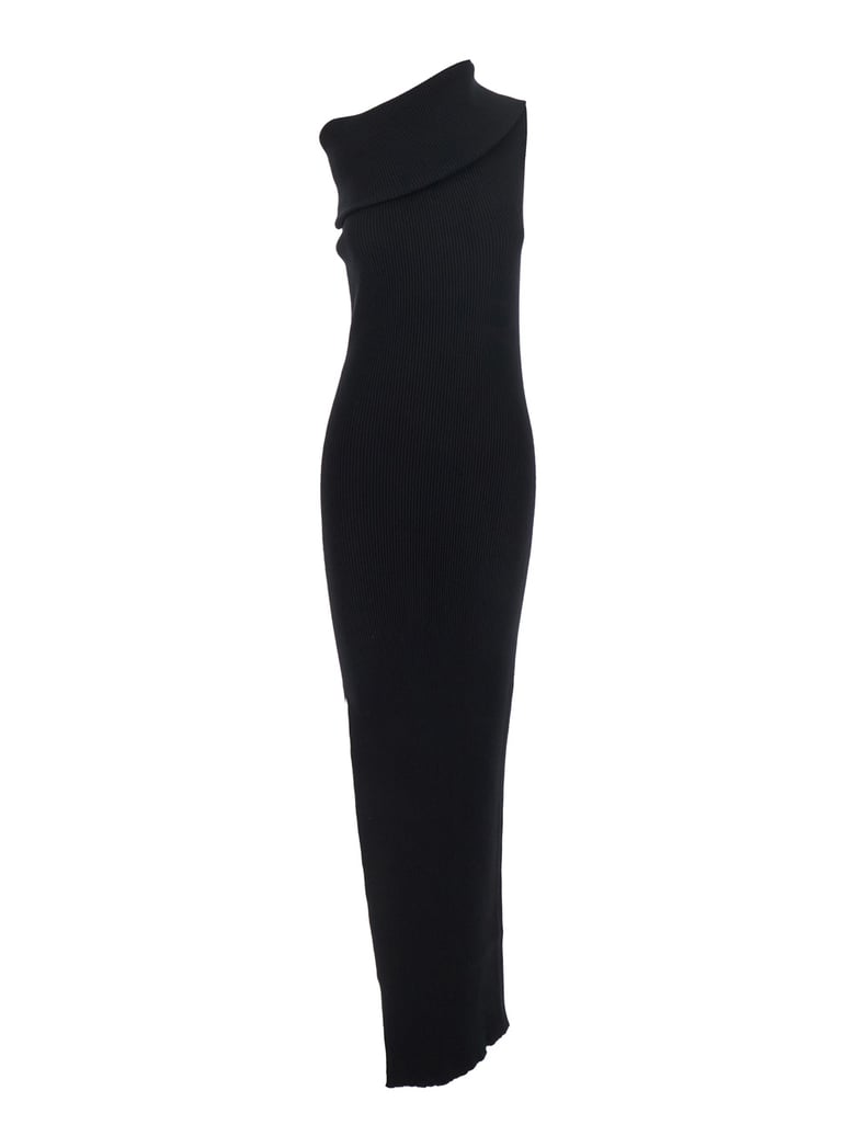 black ribbed knit asymmetric long dress by Selfnex