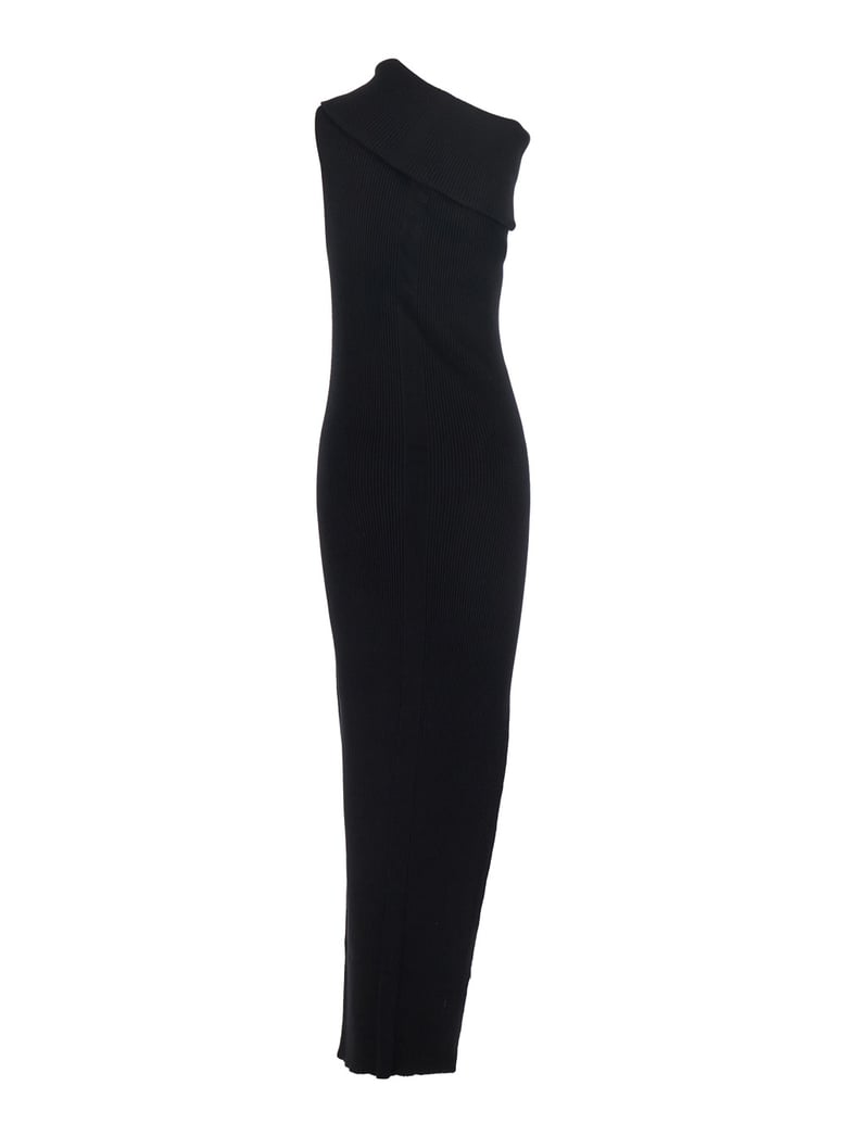 black ribbed knit asymmetric long dress by Selfnex