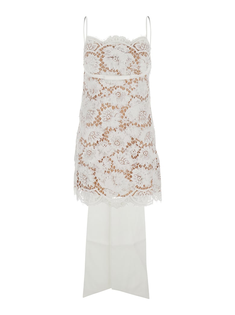white sleeveless mini dress with lace embroidery by Selfnex