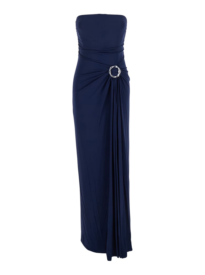 blue strapless long dress with ring embellishment by Selfnex