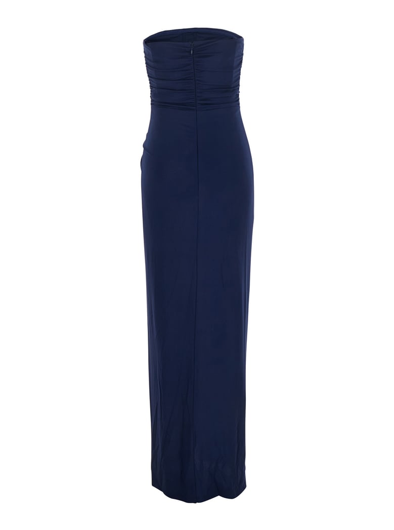 blue strapless long dress with ring embellishment by Selfnex