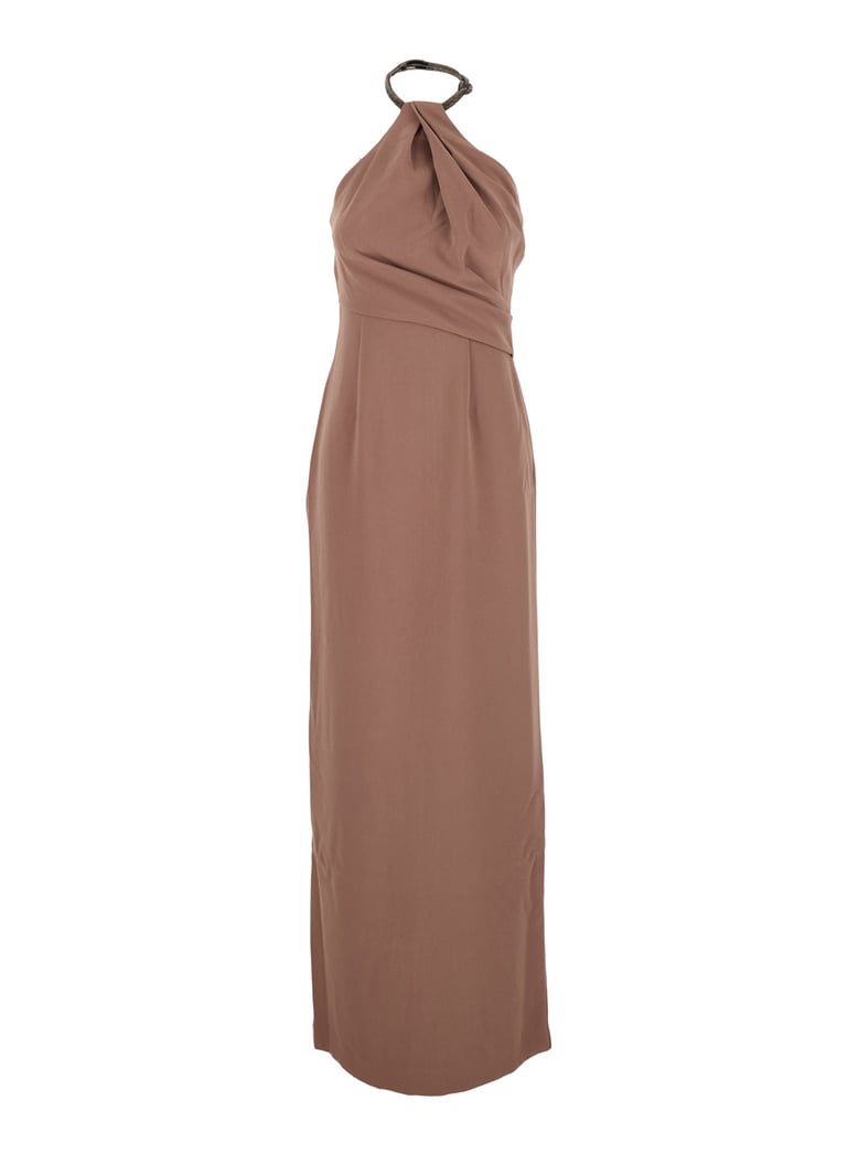 brown long dress with rhinestone neckline by Selfnex