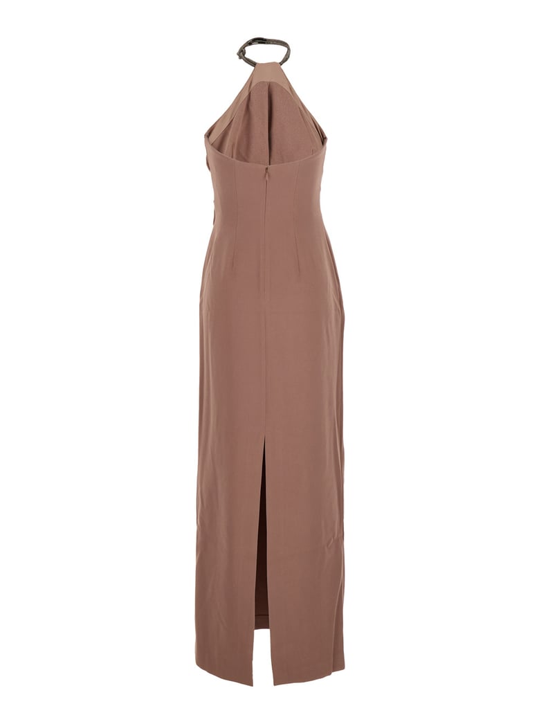 brown long dress with rhinestone neckline by Selfnex