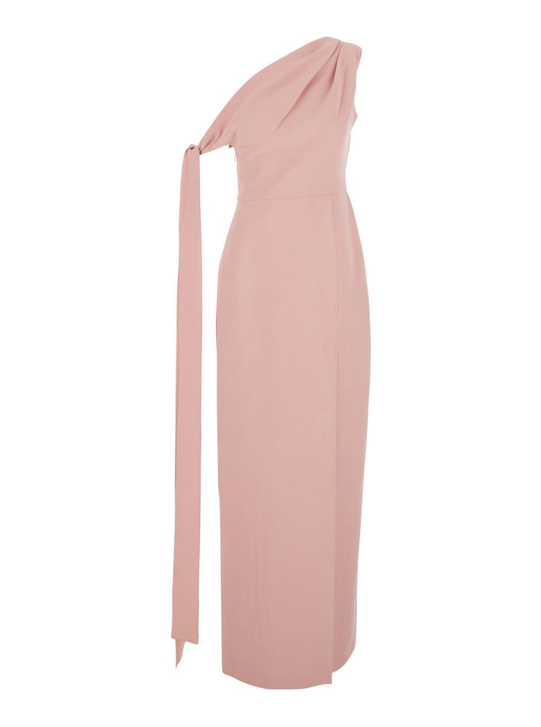 pink one-shoulder long dress with draped neckline by Selfnex