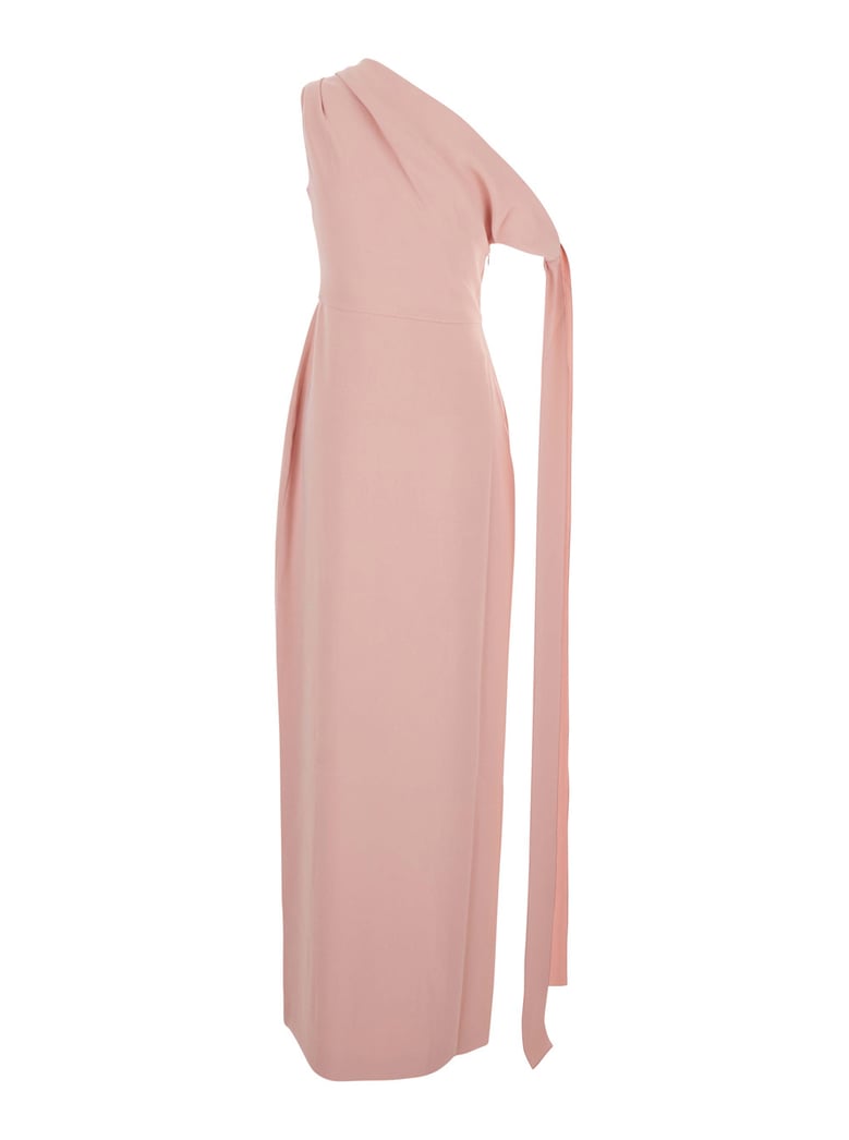 pink one-shoulder long dress with draped neckline by Selfnex