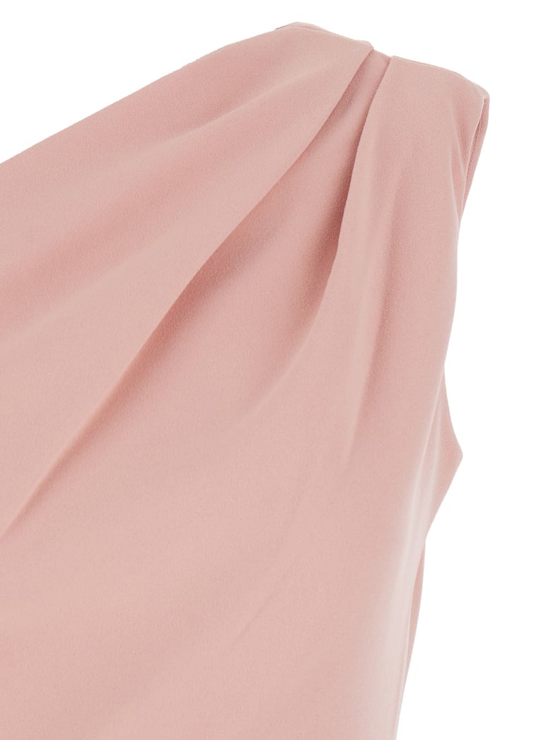 pink one-shoulder long dress with draped neckline by Selfnex