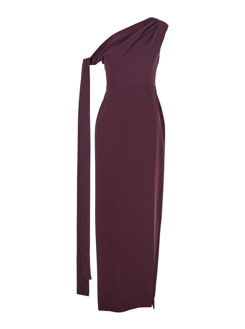 bordeaux one-shoulder long dress with draped neckline by Selfnex