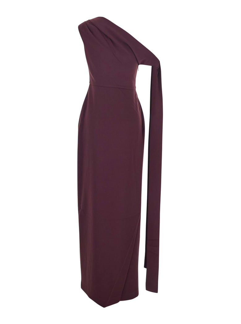bordeaux one-shoulder long dress with draped neckline by Selfnex
