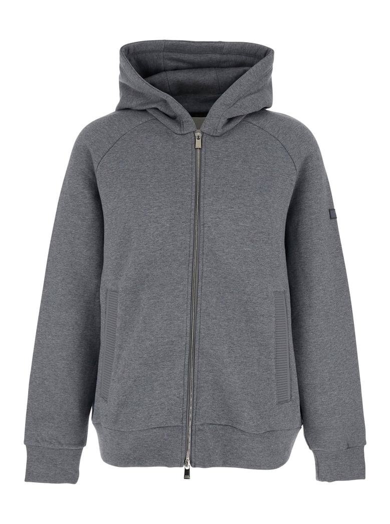 grey sweatshirt with hood and logo patch by Selfnex