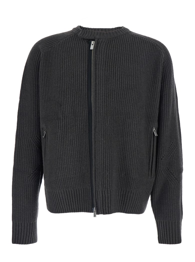 grey crew neck cardigan with ribbed design by Selfnex