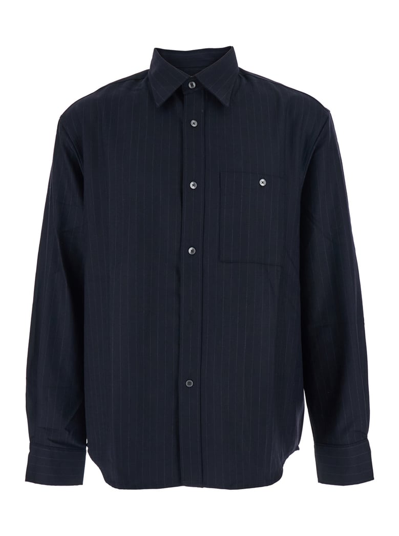 blue pinstriped wool blend shirt by Selfnex
