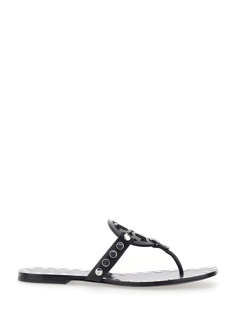 black thong sandals with logo and studs by Selfnex