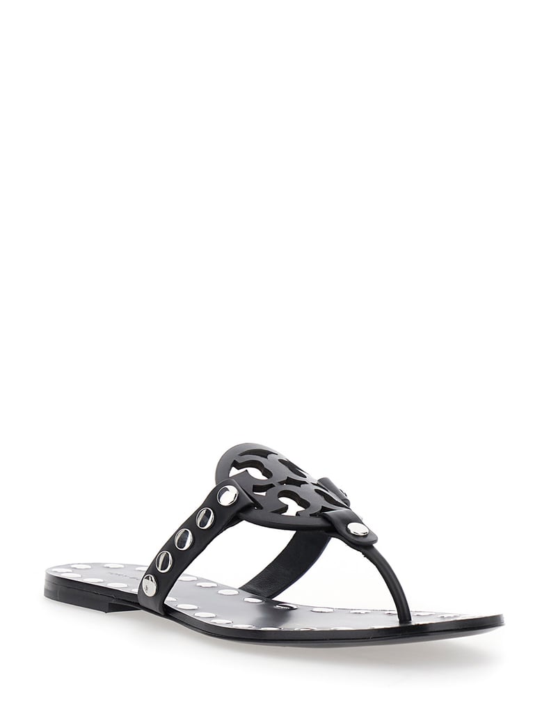 black thong sandals with logo and studs by Selfnex