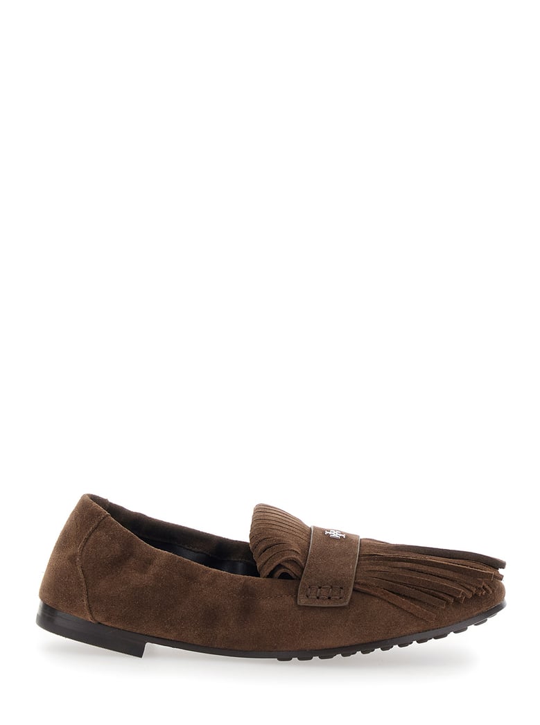 brown suede loafers with fringe and metallic logo by Selfnex