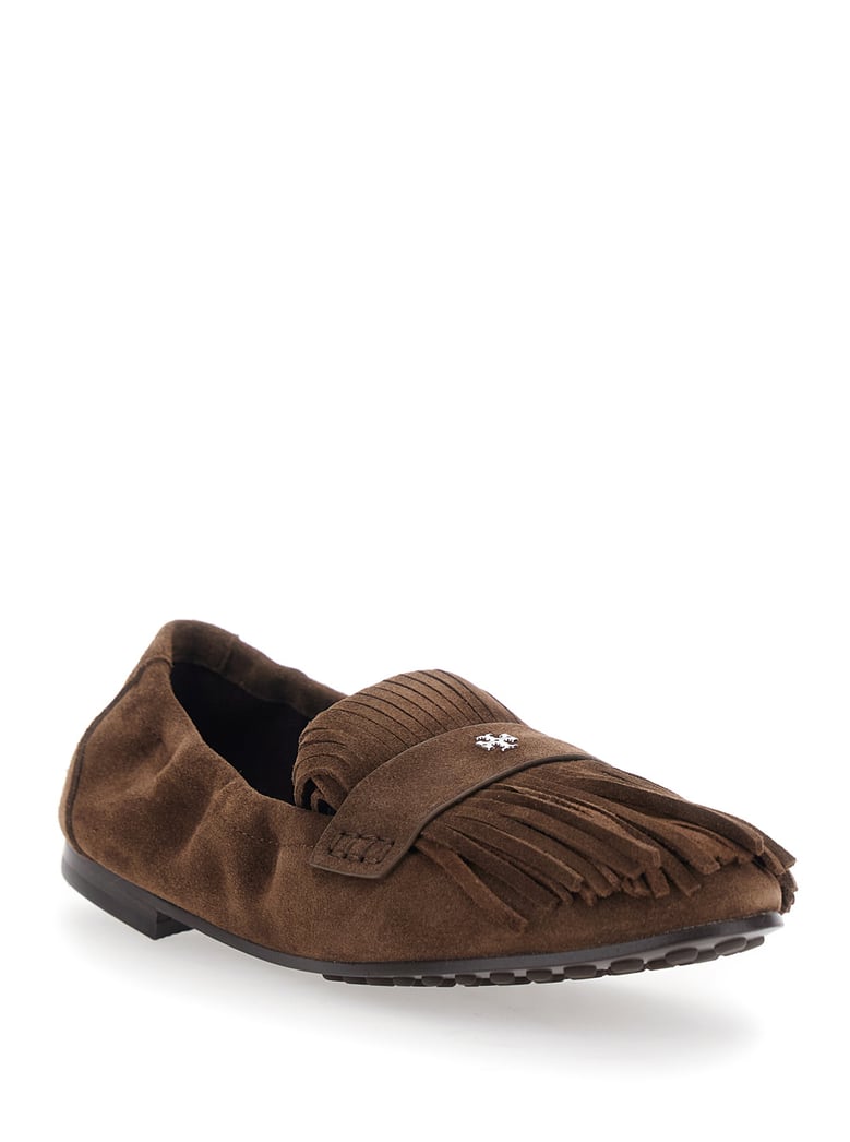 brown suede loafers with fringe and metallic logo by Selfnex