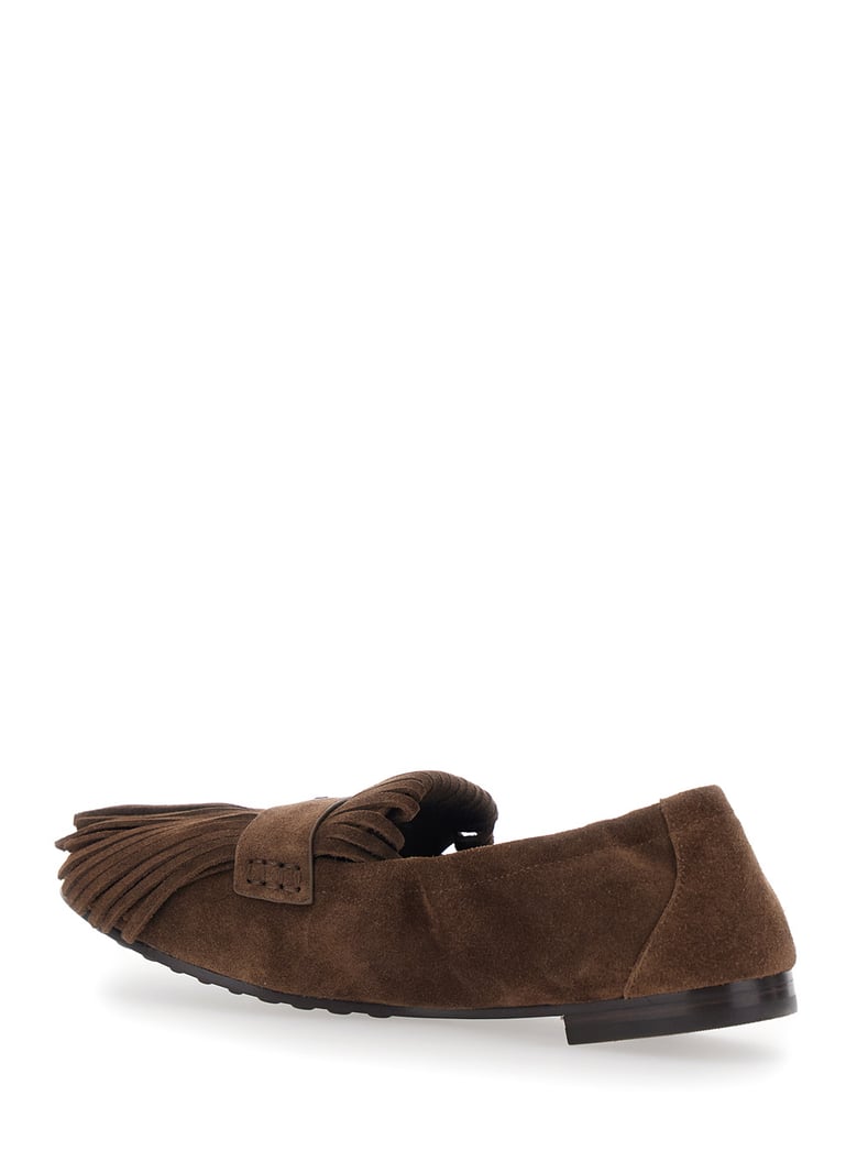 brown suede loafers with fringe and metallic logo by Selfnex
