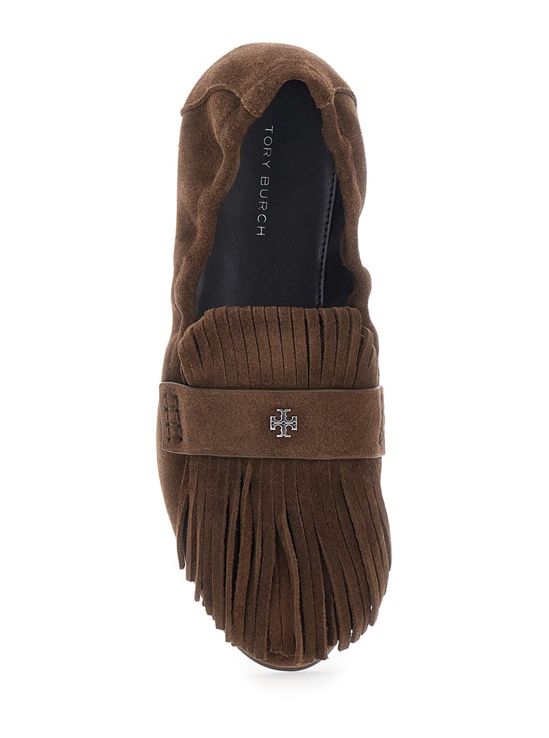 brown suede loafers with fringe and metallic logo by Selfnex
