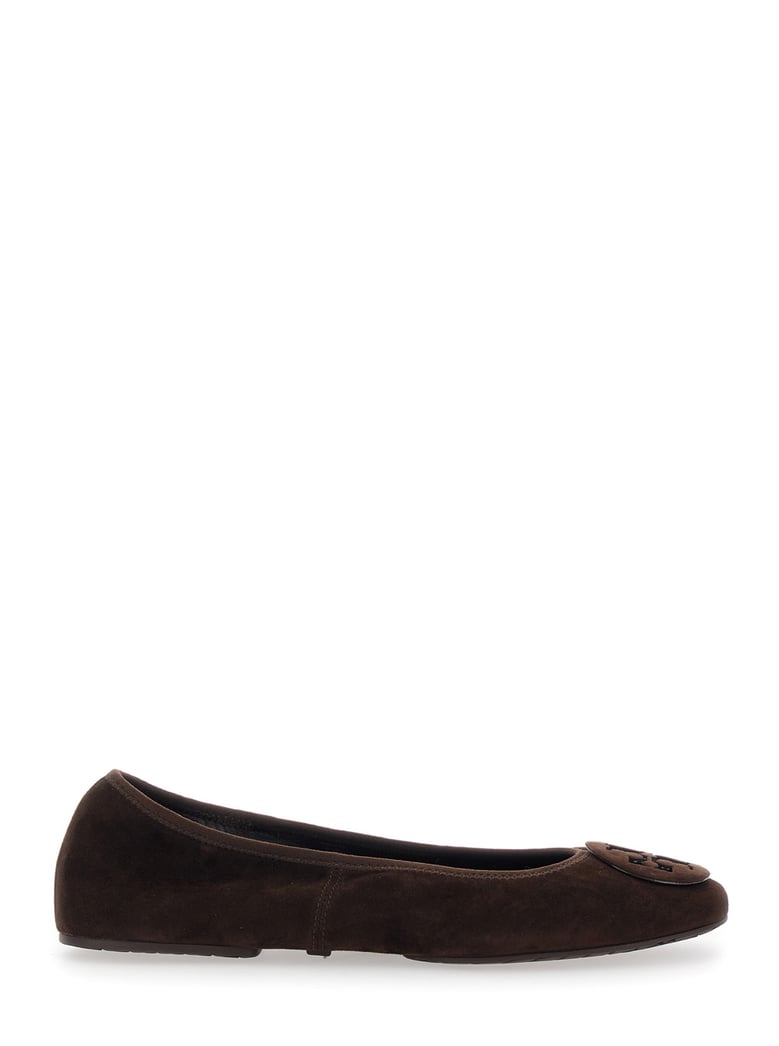 brown suede ballerinas with logo plaque by Selfnex