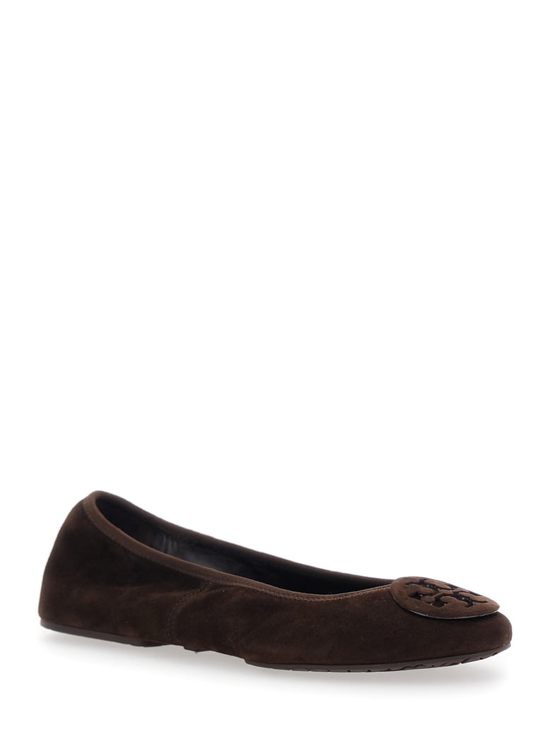 brown suede ballerinas with logo plaque by Selfnex