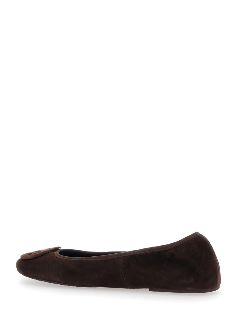 brown suede ballerinas with logo plaque by Selfnex