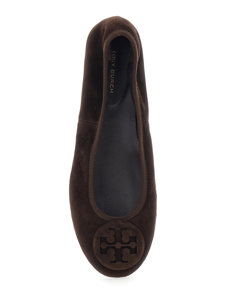 brown suede ballerinas with logo plaque by Selfnex