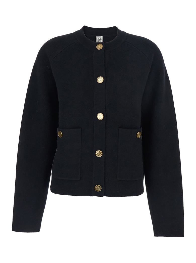 black crewneck wool cardigan with pockets by Selfnex