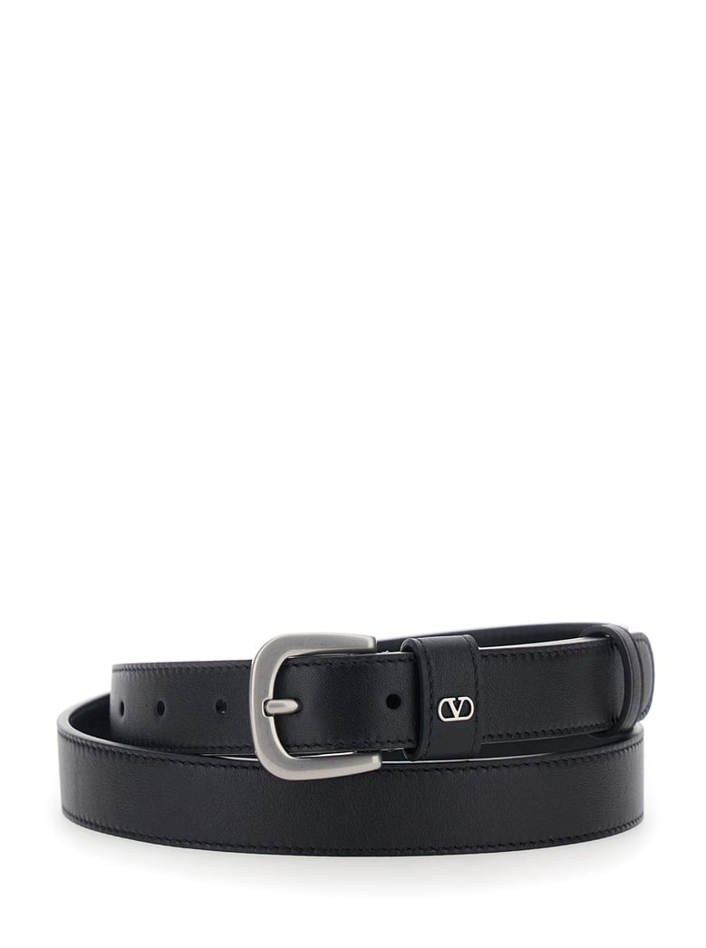 black leather belt with vlogo plaque by Selfnex