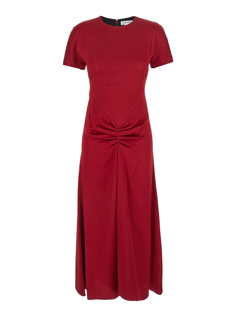 red midi dress with gathered waist by Selfnex