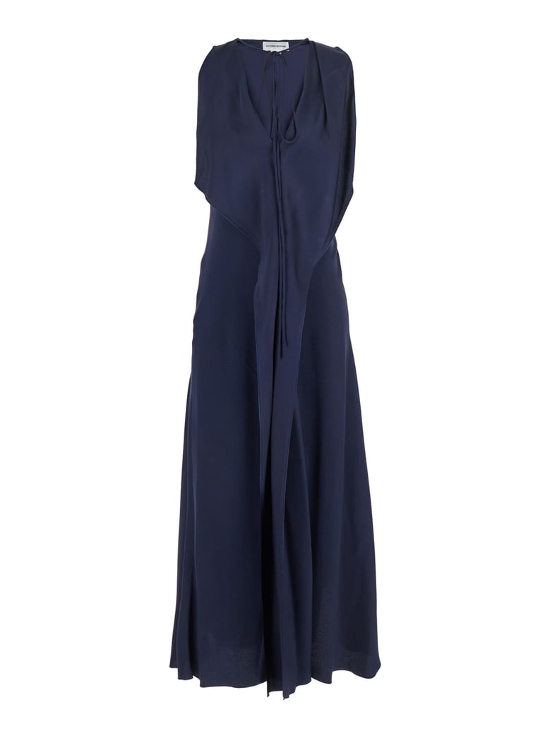 blue sleeveless long dress with v neck by Selfnex