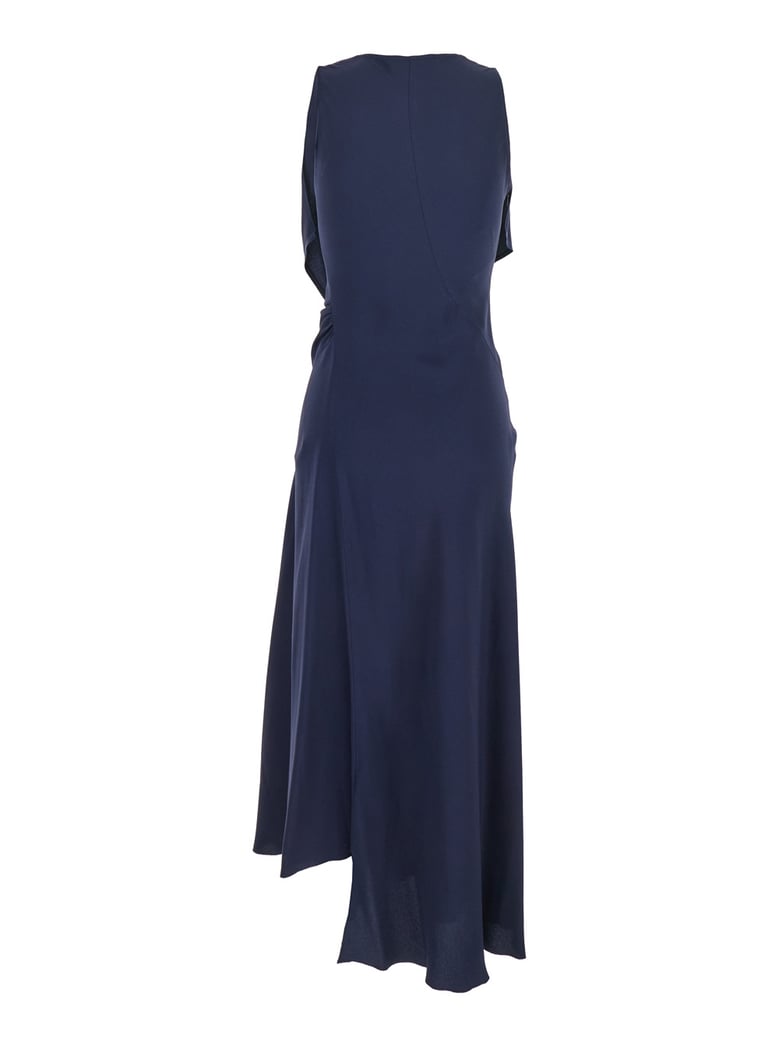 blue sleeveless long dress with v neck by Selfnex