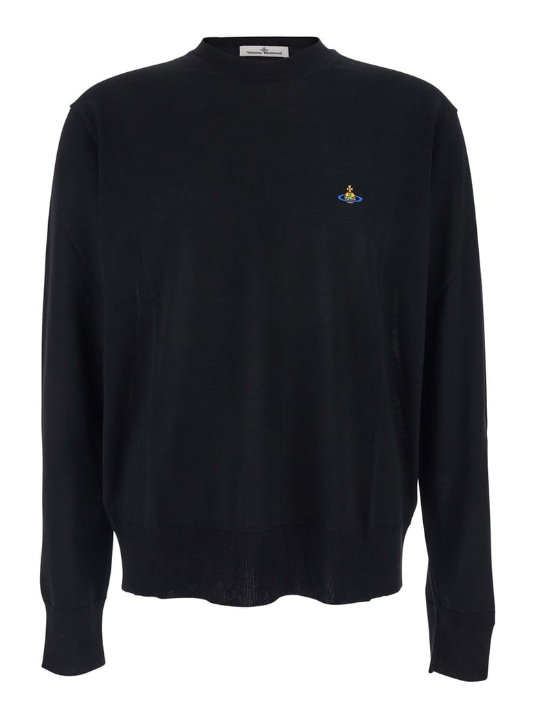black crew neck sweater with embroidered logo by Selfnex